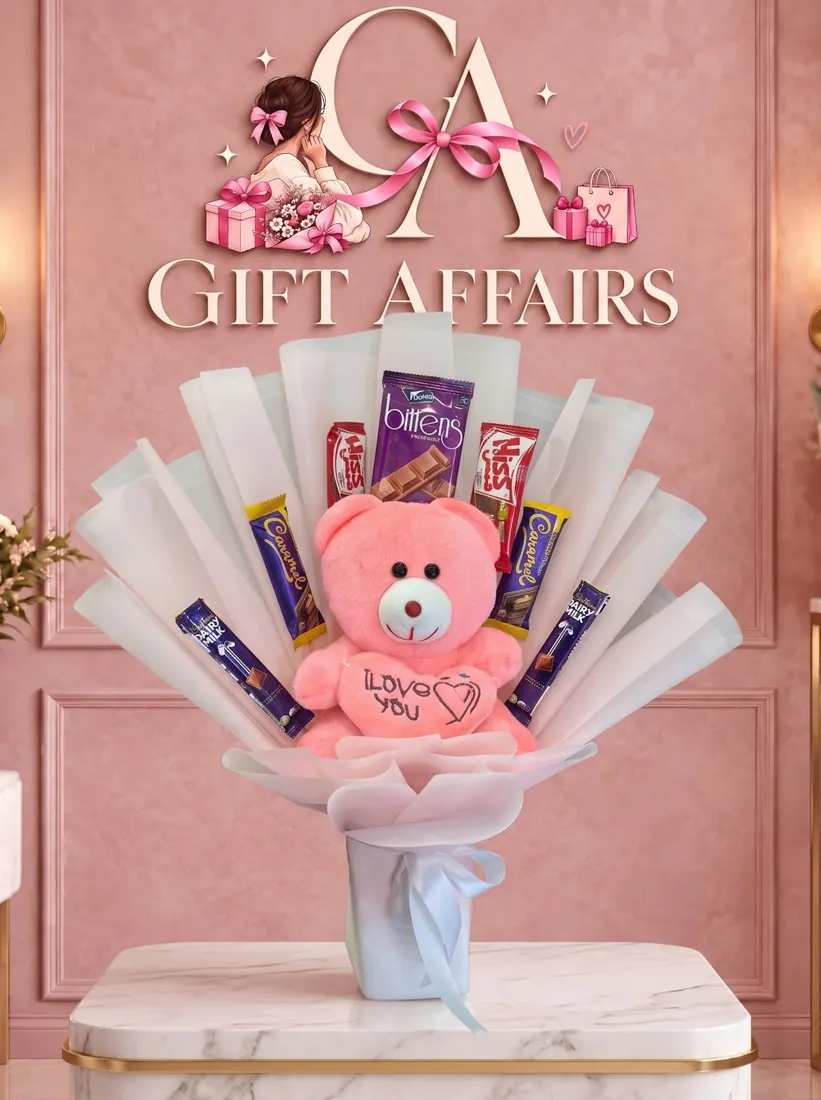 Teddy and gift bouquet photographed for Gift Affairs